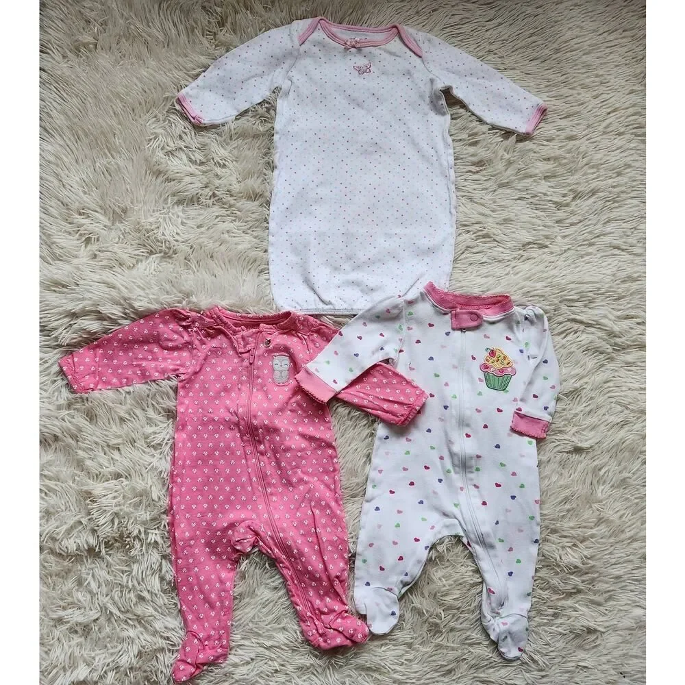 Infant Girl Sleepers with Gown 0-3 Months Pink White Zip Up Lot of 3